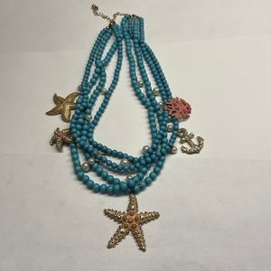 Starfish And Anchors Ocean Blue Multistrand Pendant Necklace.